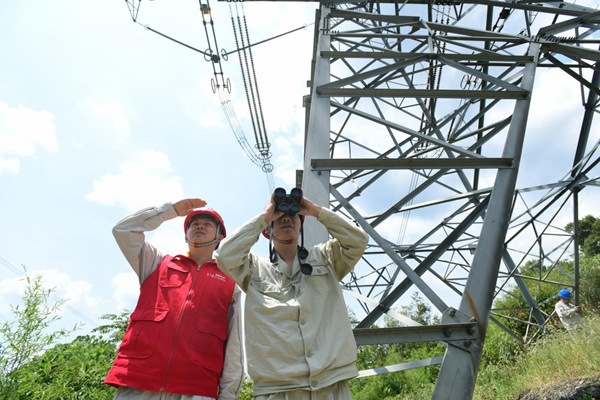 國網江津區(qū)供電公司員工對重要輸電線路鐵塔周邊的防火情況進行巡查。