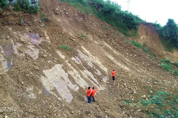 《大地守護者》。6月29日，107地質隊駐守彭水地質工程師陳虹州、王發(fā)英、李應平（從左到右）向險而行，深入滑坡體內進行踏勘。李明亮攝